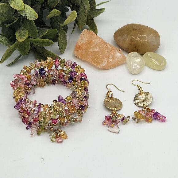 Citrine Pink Glass Stone Beads Memory Wire Bracelet and Earrings Set - Picture 8 of 9
